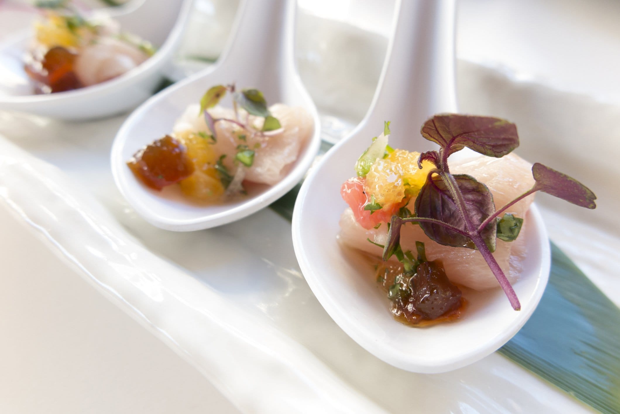 Cold canapés of crudo on spoons with citrus and micro herbs