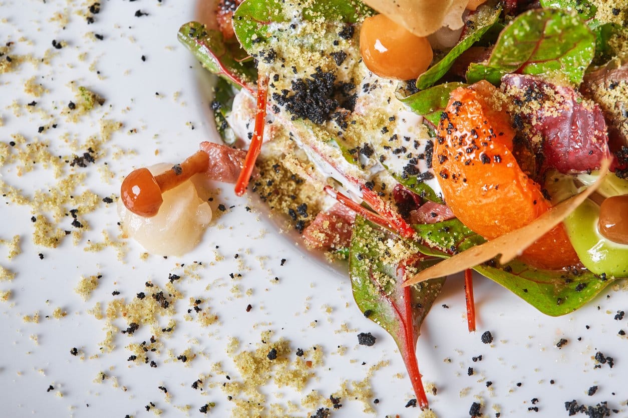 Artfully plated salad with greens, cured meat, citrus and micro herbs